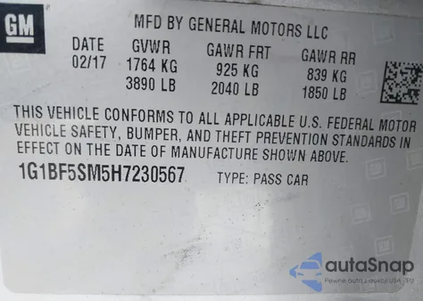 2017 Chevrolet Cruze Premier Auto из США, поврежденный, VIN 1G1BF5SM5H7230567